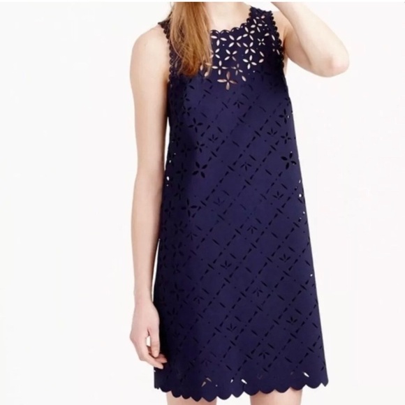 J.Crew Women’s 00 NWOT Navy Blue Laser Cut Scalloped Hem Lined Shift Dress - Picture 1 of 11
